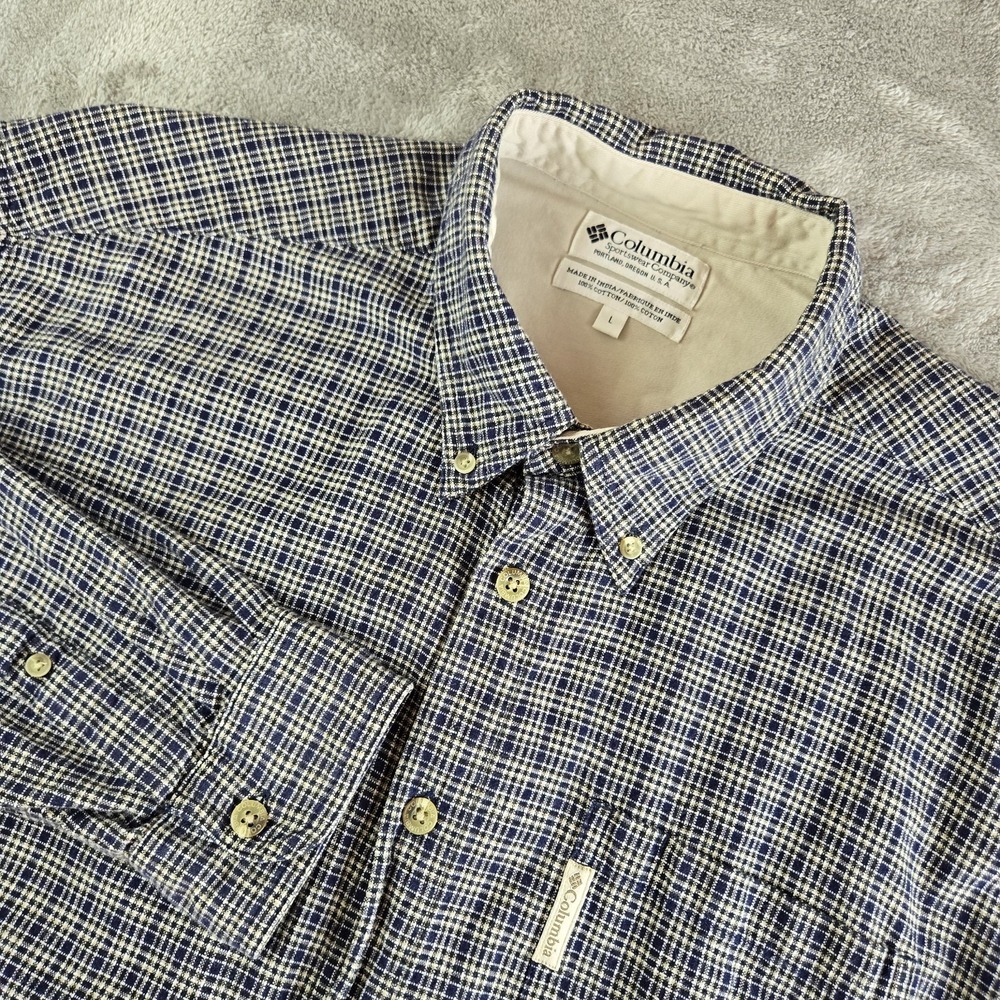 Columbia Shirt Mens Large Tan Navy Blue Checkered Long Sleeve 100% Cotton Career